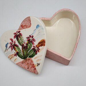 Hand Painted Heart Shaped Ceramic Trinket Box With Cactus & Flowers Design